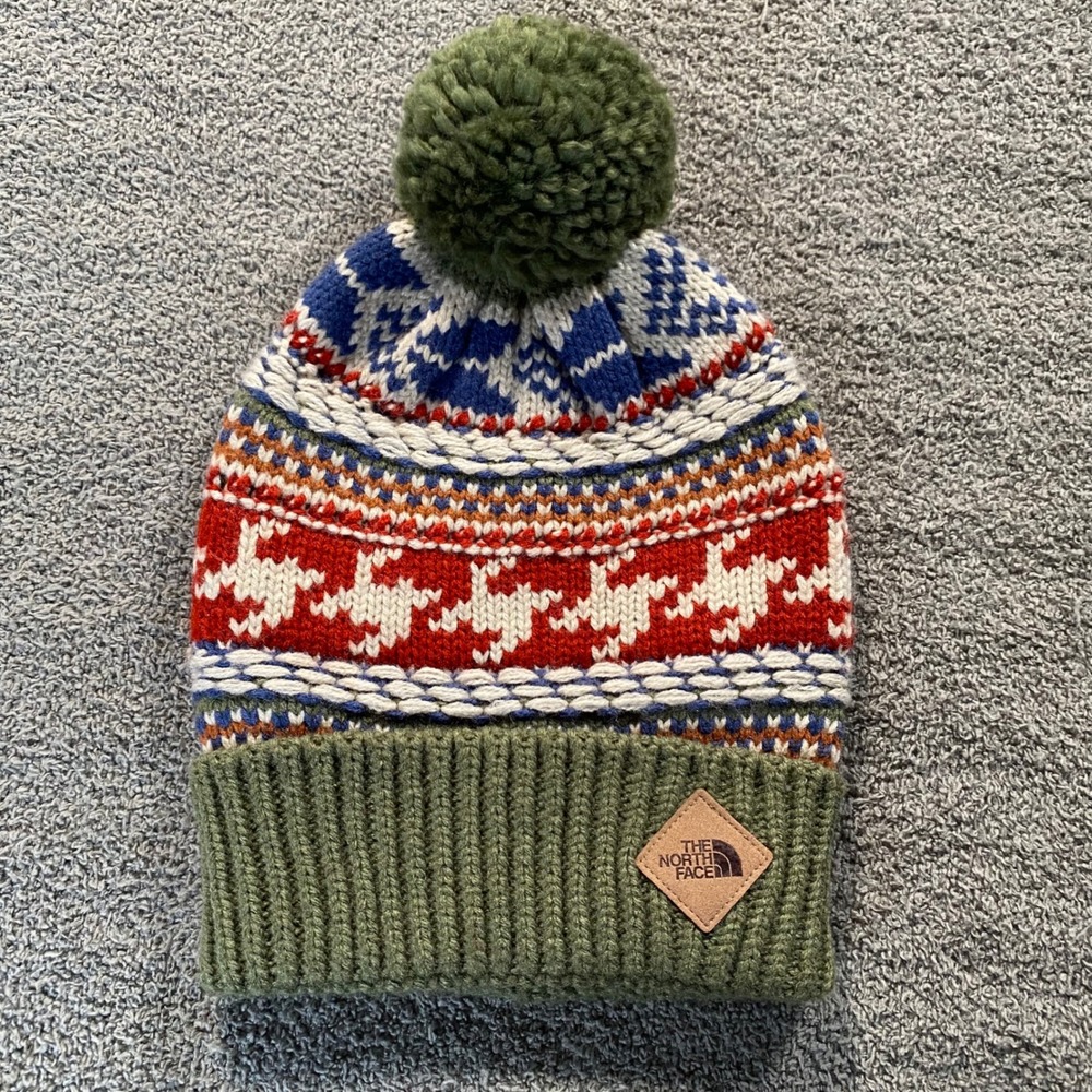 The North Face Fair Isle Pom Beanie Unisex OS Green Multi Knit Hat Gorpcore Ski